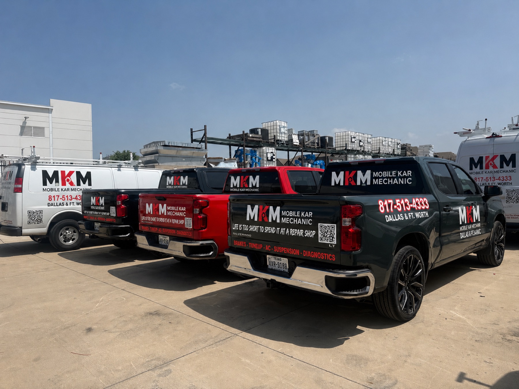 Mobile Kar Mechanic service trucks lined up at the DFW yard
